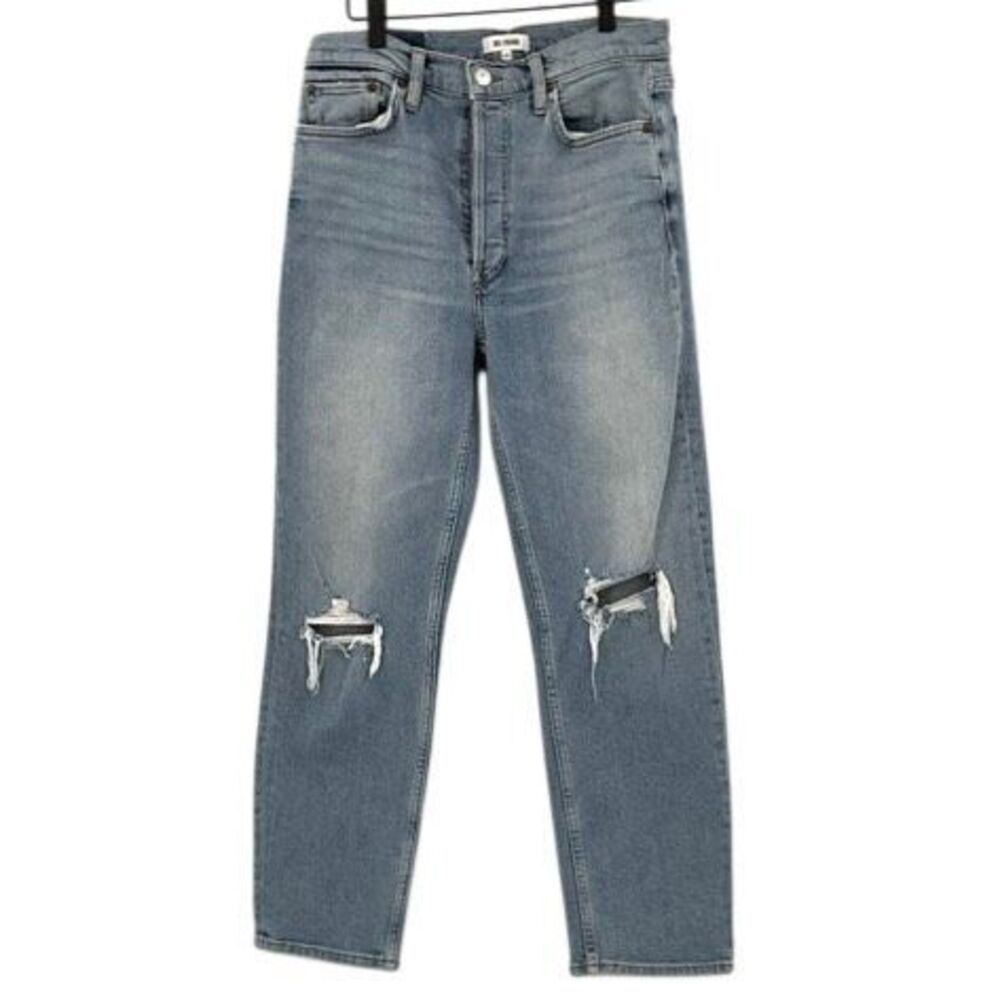 RE/Done Blue Button Fly Whiskering Straight Leg Distressed Jeans Size 30